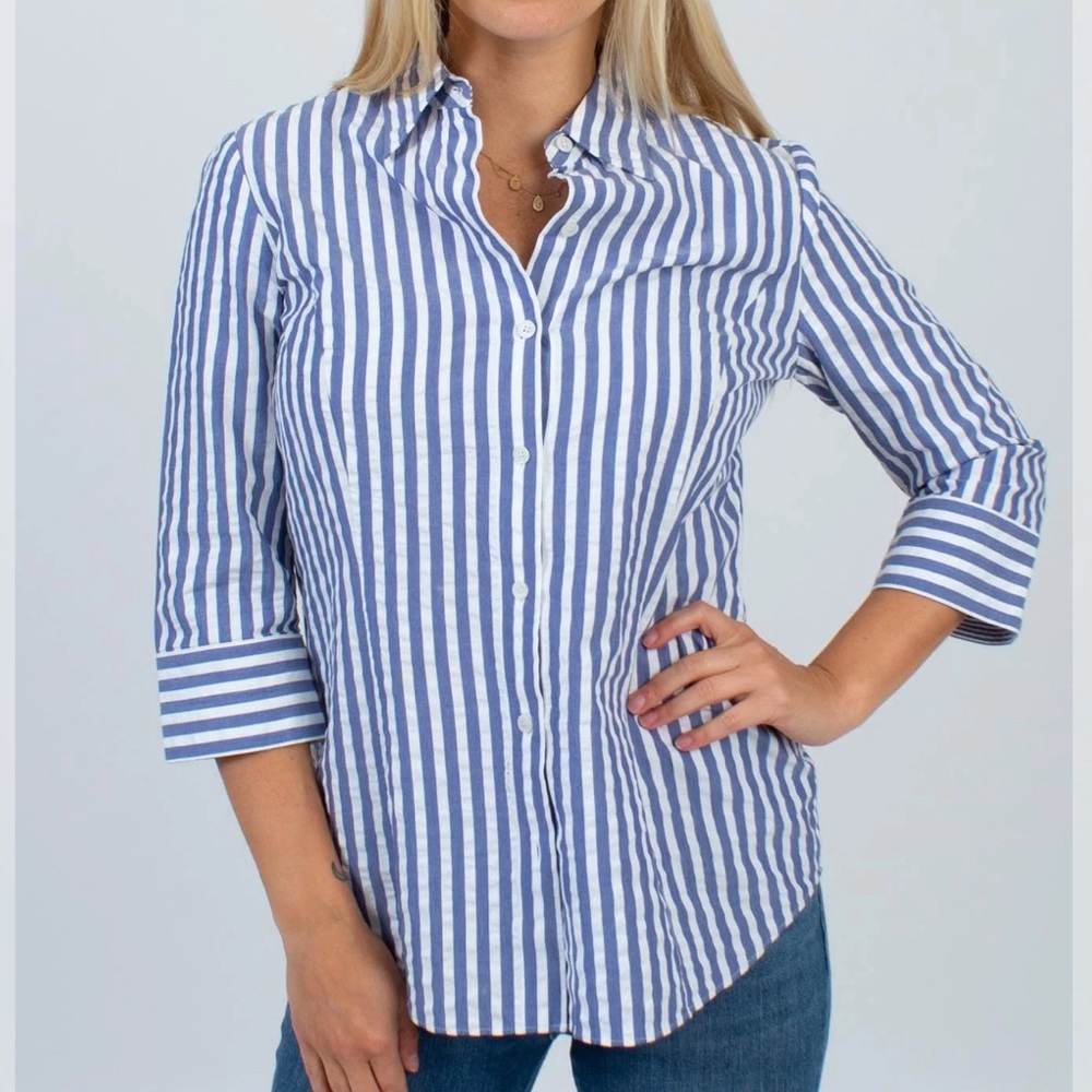 Lafayette 148 Striped Three Quarter Sleeve Button Down Shirt Womens Size 10 - Picture 1 of 10